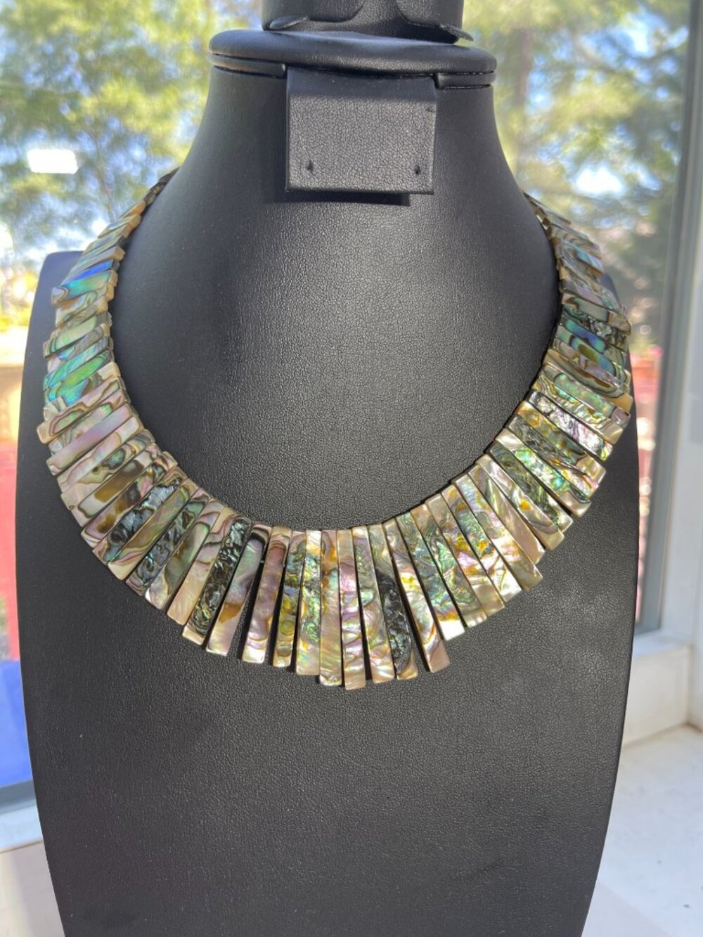 Abalone Shell Necklace With Multicolor Trapezoid Beads & Toggle Closure - Reflec
